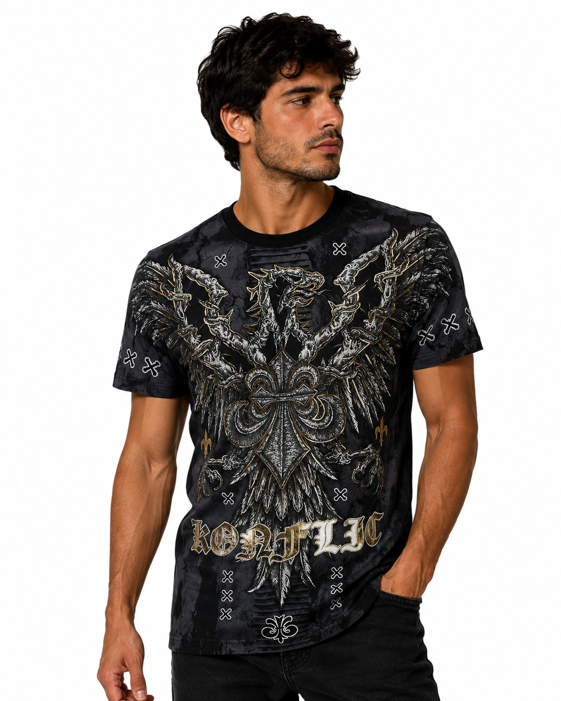 Konflic Soaring Falcon Graphic All Over Print Men's T-Shirt "Gold Foil"