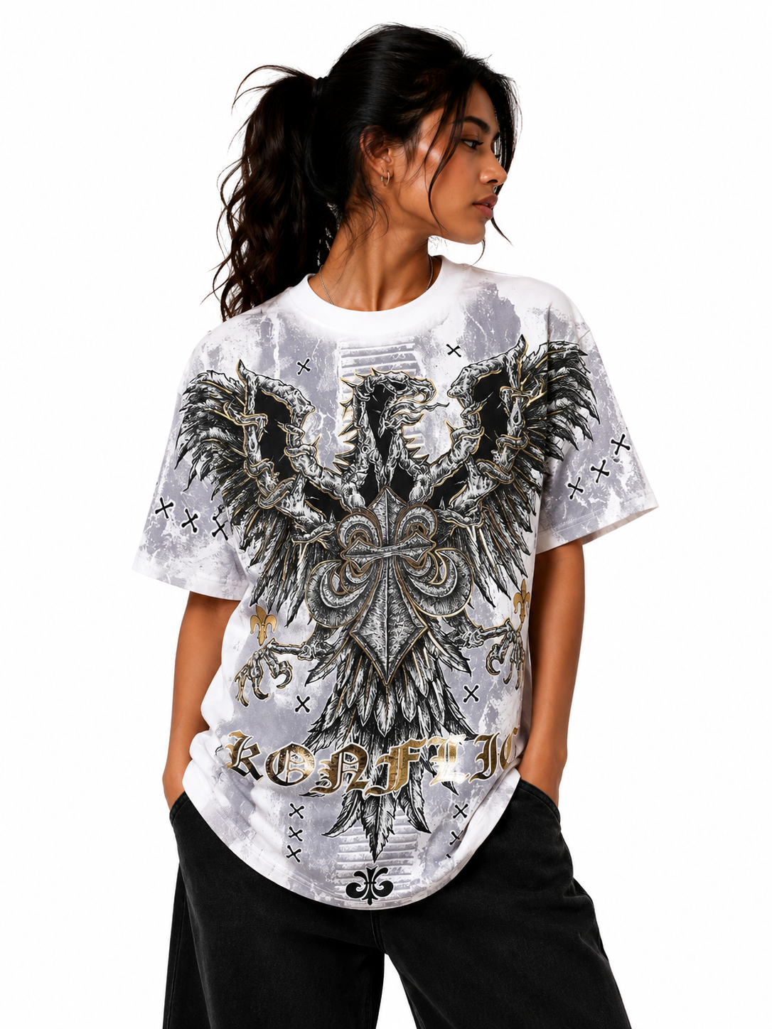 Konflic Soaring Falcon Graphic All Over Print Men's T-Shirt "Gold Foil"