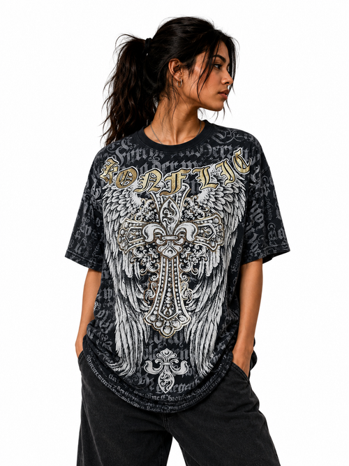 Konflic Fleur-de-Lis Gothic Cross & Angel Wings Graphic All Over Print Men's T-Shirt "Gold Foil"