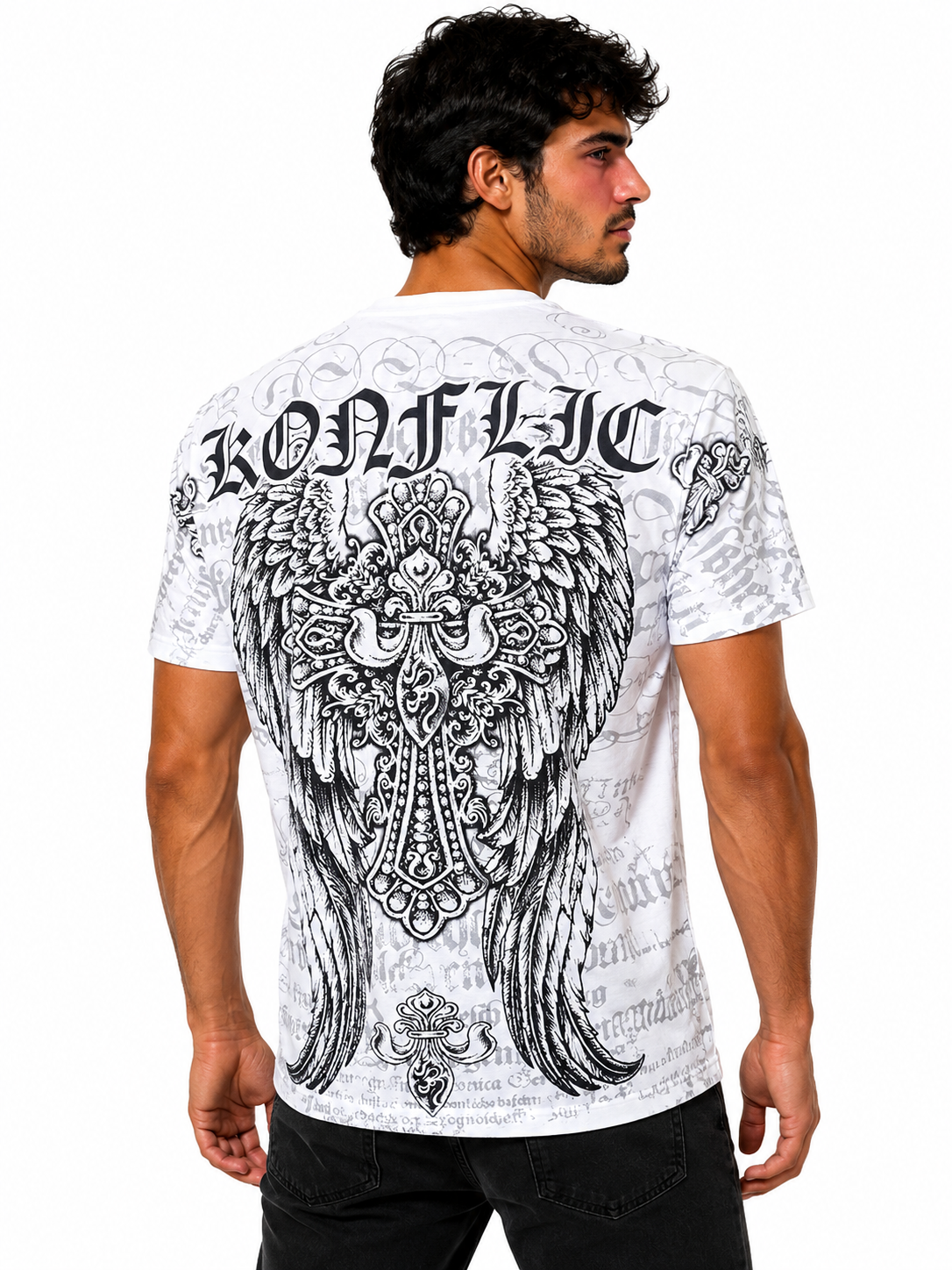 Konflic Fleur-de-Lis Gothic Cross & Angel Wings Graphic All Over Print Men's T-Shirt "Gold Foil"