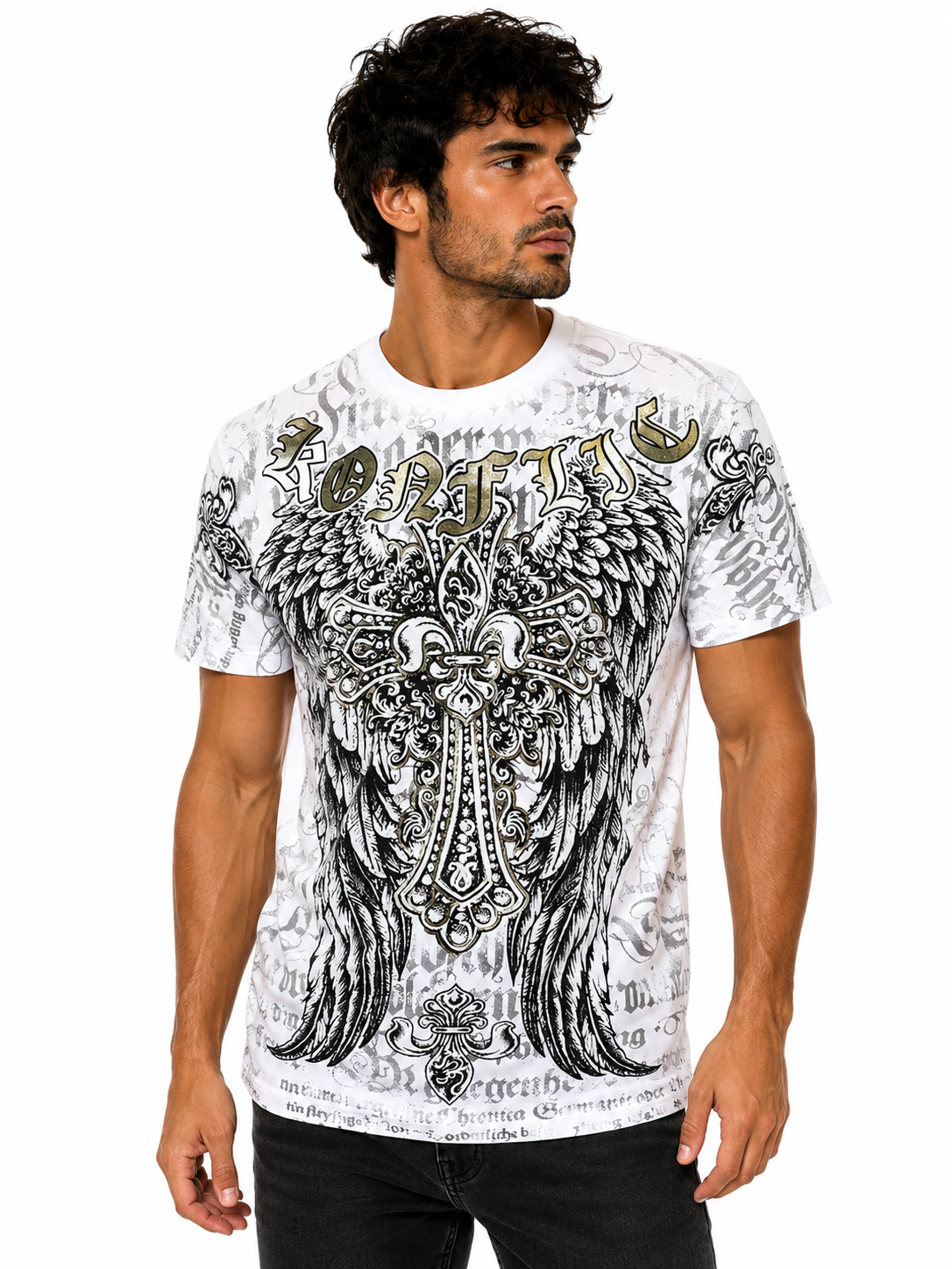 Konflic Fleur-de-Lis Gothic Cross & Angel Wings Graphic All Over Print Men's T-Shirt "Gold Foil"