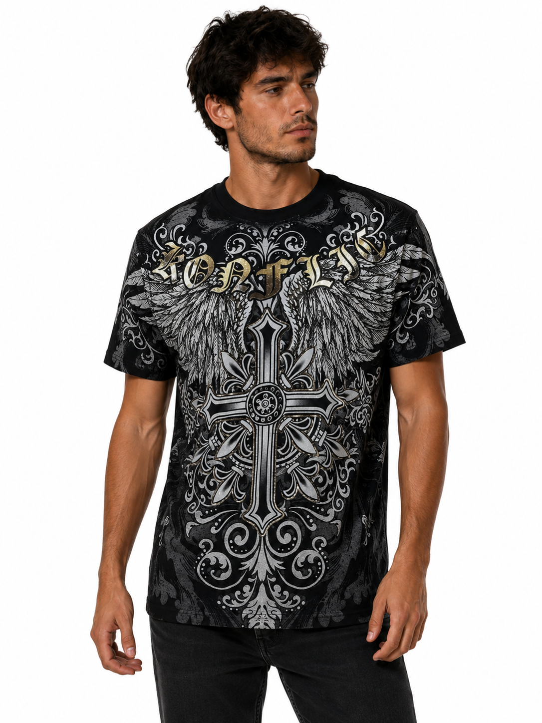 Konflic Men's Medieval Cross & Wings Graphic All Over Print T-Shirt "Gold Foil"