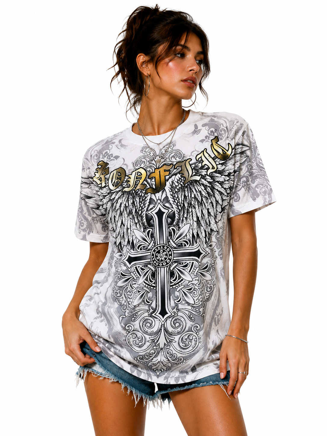 Konflic Men's Medieval Cross & Wings Graphic All Over Print T-Shirt "Gold Foil"