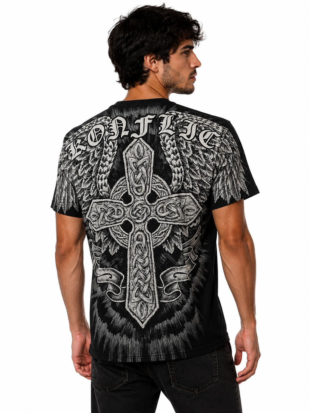 Konflic Angel with Celtic Cross Graphic All Over Print T-Shirt "Gold Foil"