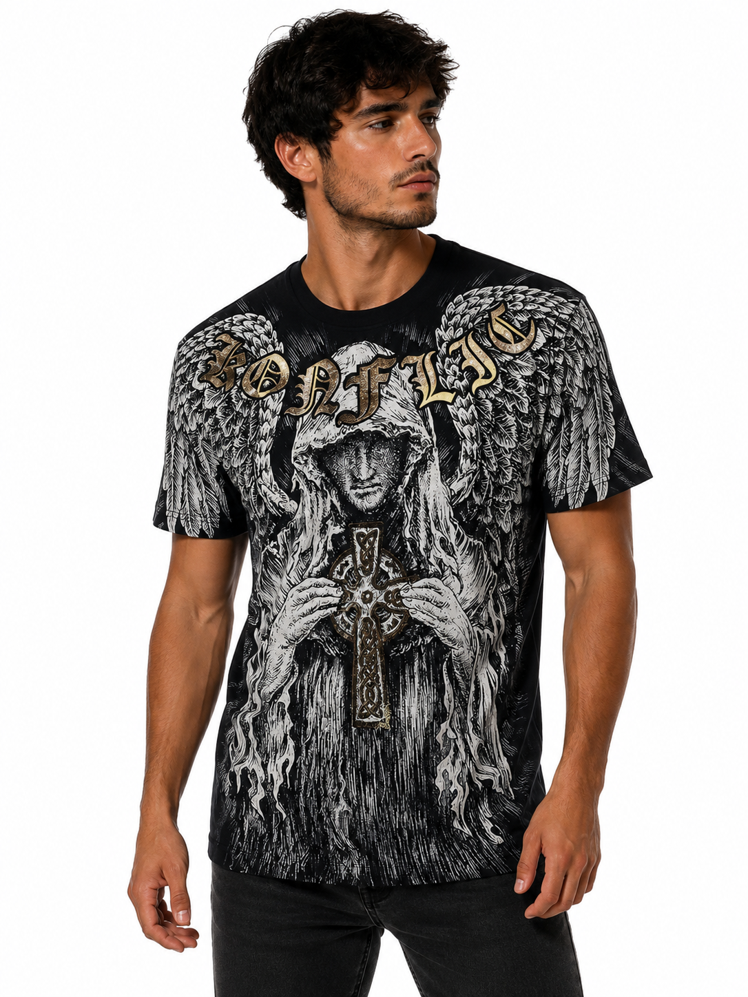 Konflic Angel with Celtic Cross Graphic All Over Print T-Shirt "Gold Foil"