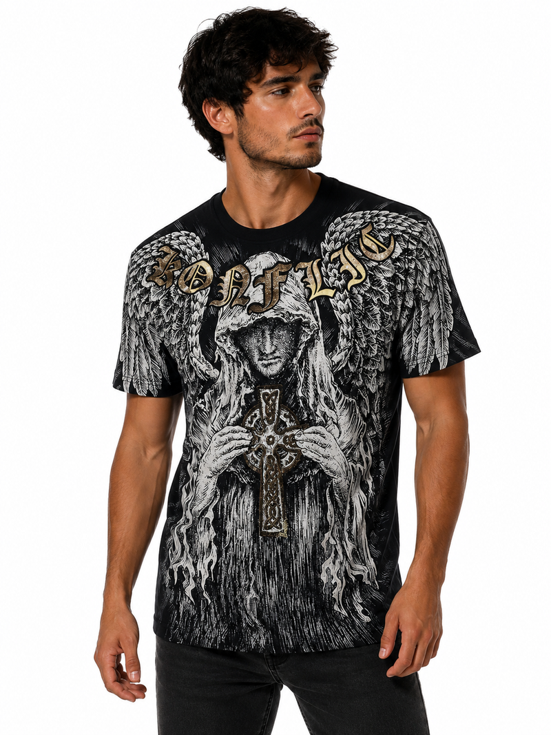 Konflic Angel with Celtic Cross Graphic All Over Print T-Shirt "Gold Foil"