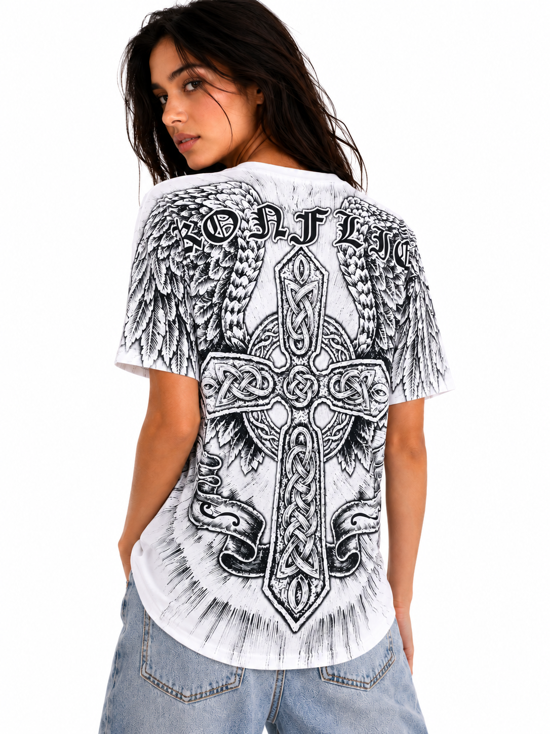 Konflic Angel with Celtic Cross Graphic All Over Print T-Shirt "Gold Foil"