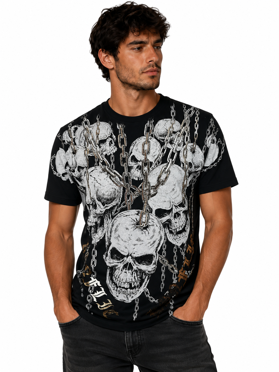 Konflic Men's Hanging Skulls & Heavy Chains Graphic All Over Print T-Shirt "Gold Foil"