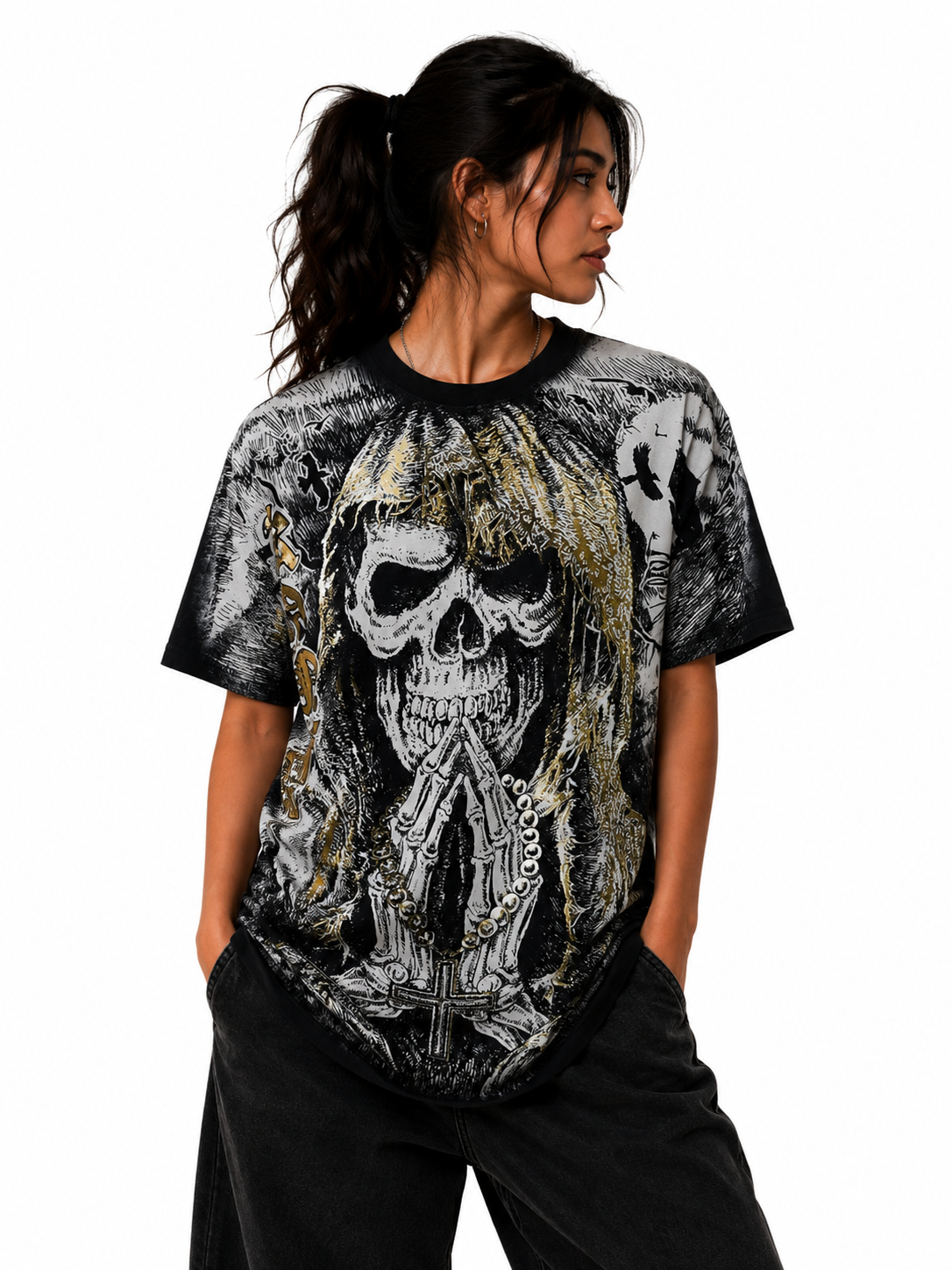 Konflic Santa Muerte Prayer for Love Graphic All Over Print Men's T-Shirt "Gold Foil"
