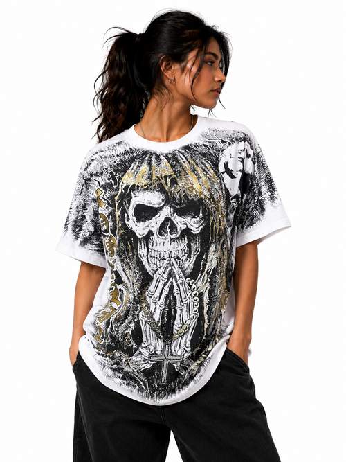 Konflic Santa Muerte Prayer for Love Graphic All Over Print Men's T-Shirt "Gold Foil"