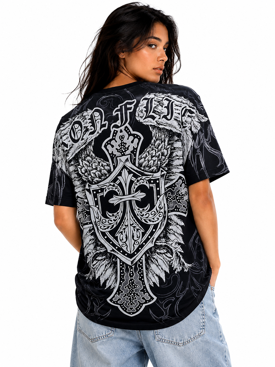 Konflic Men's Iron Cross Shield & Angel Wings Graphic All Over Print T-Shirt "Gold Foil"