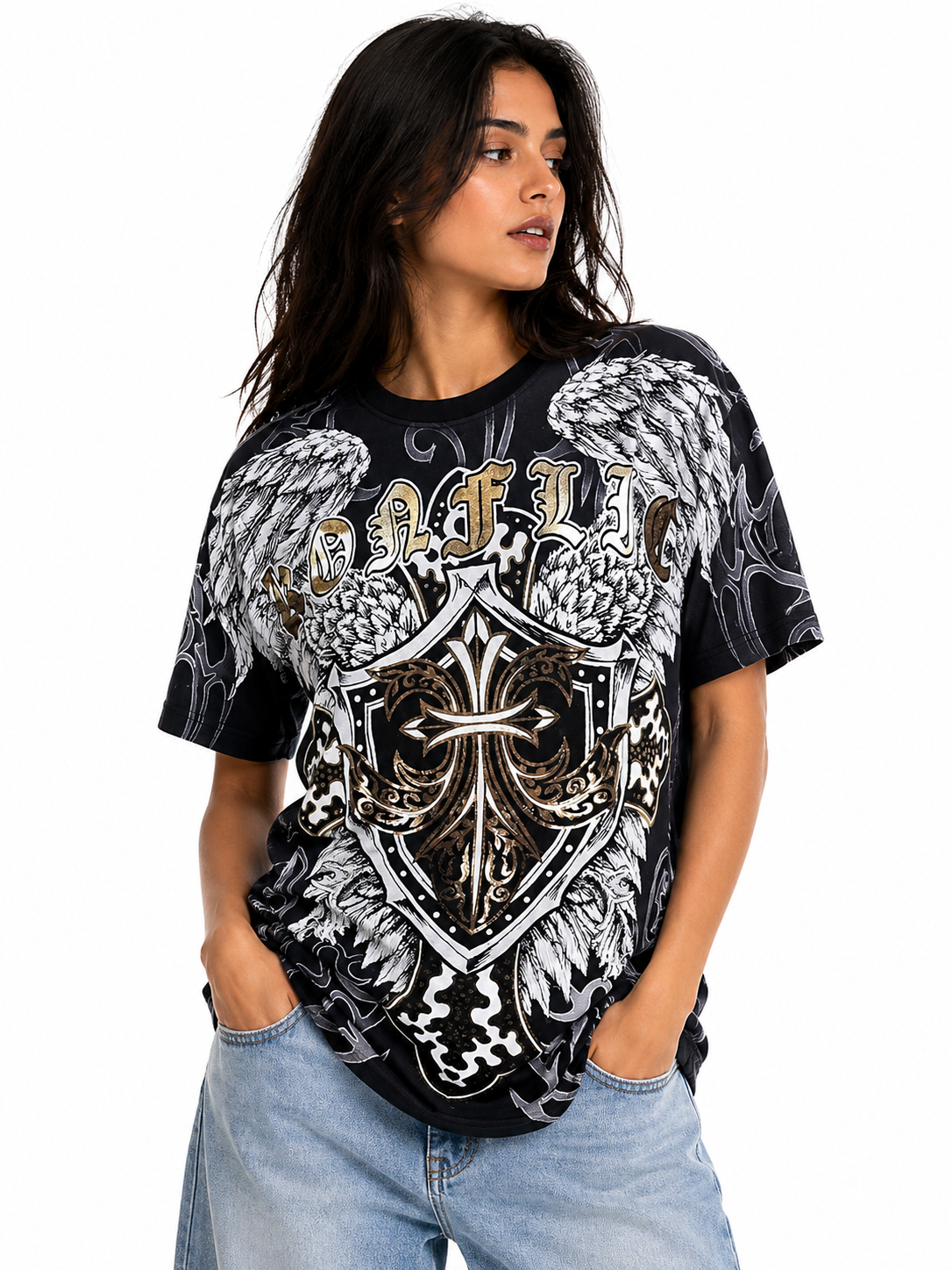Konflic Men's Iron Cross Shield & Angel Wings Graphic All Over Print T-Shirt "Gold Foil"