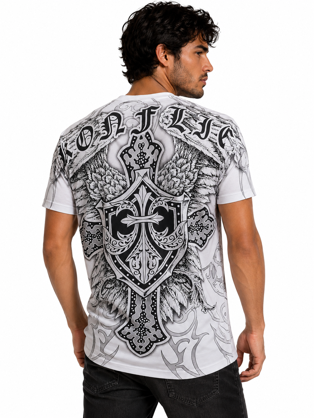 Konflic Men's Iron Cross Shield & Angel Wings Graphic All Over Print T-Shirt "Gold Foil"