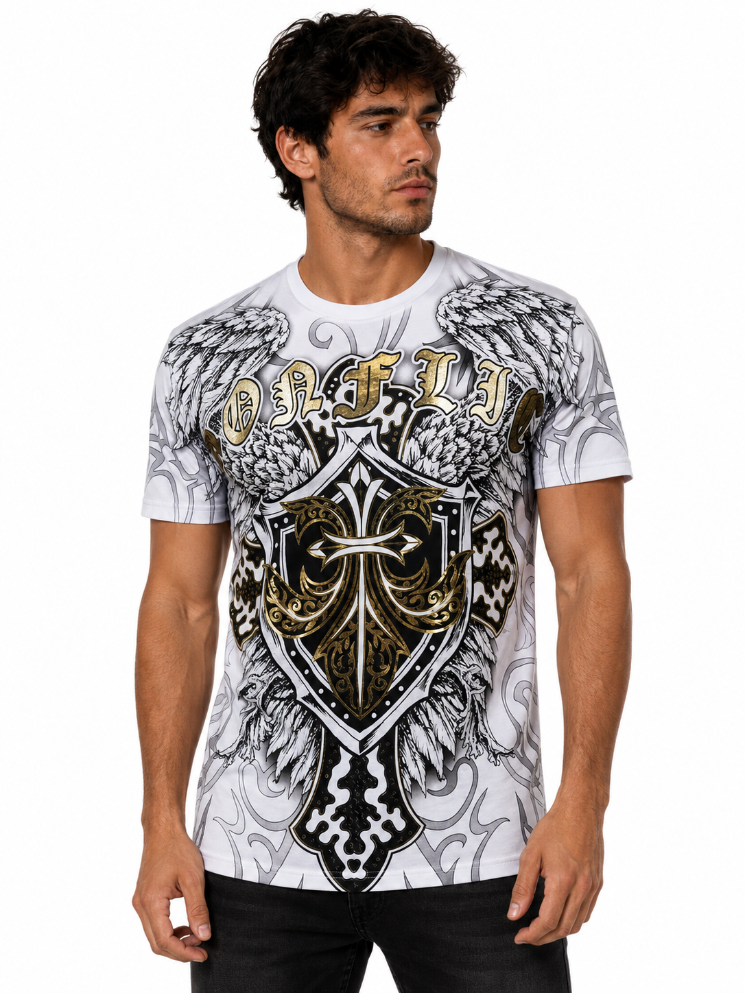 Konflic Men's Iron Cross Shield & Angel Wings Graphic All Over Print T-Shirt "Gold Foil"