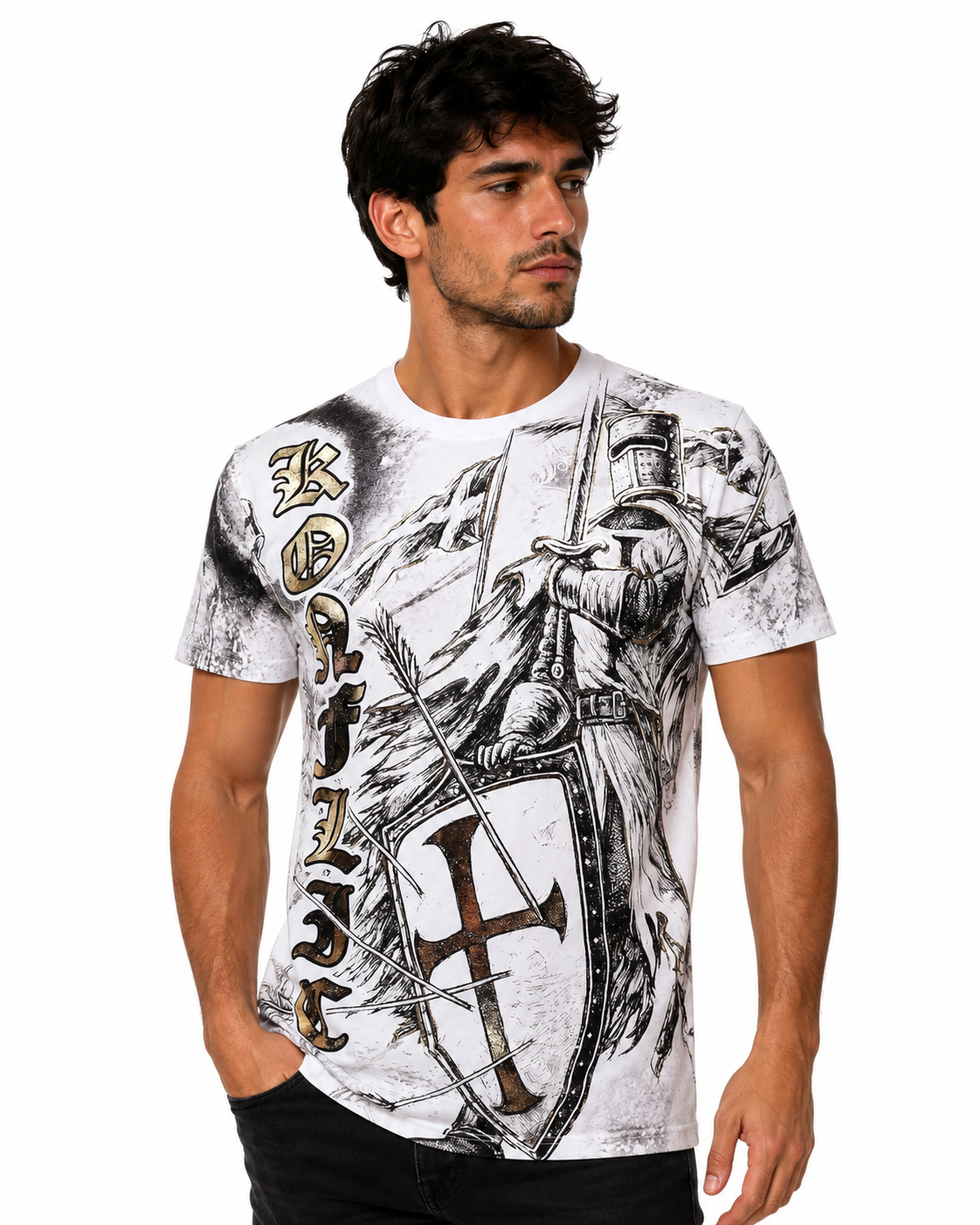 Konflic Mighty Crusader Knight Graphic Men's T Shirt "Gold Foil"