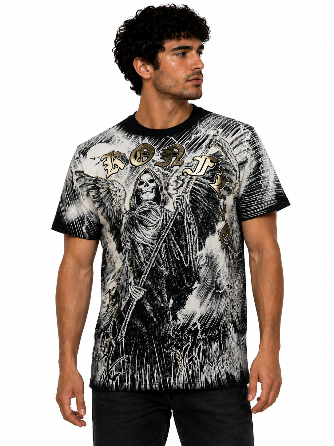 Konflic Men's Winged Grim Reaper Scythe Graphic All Over Print T-Shirt