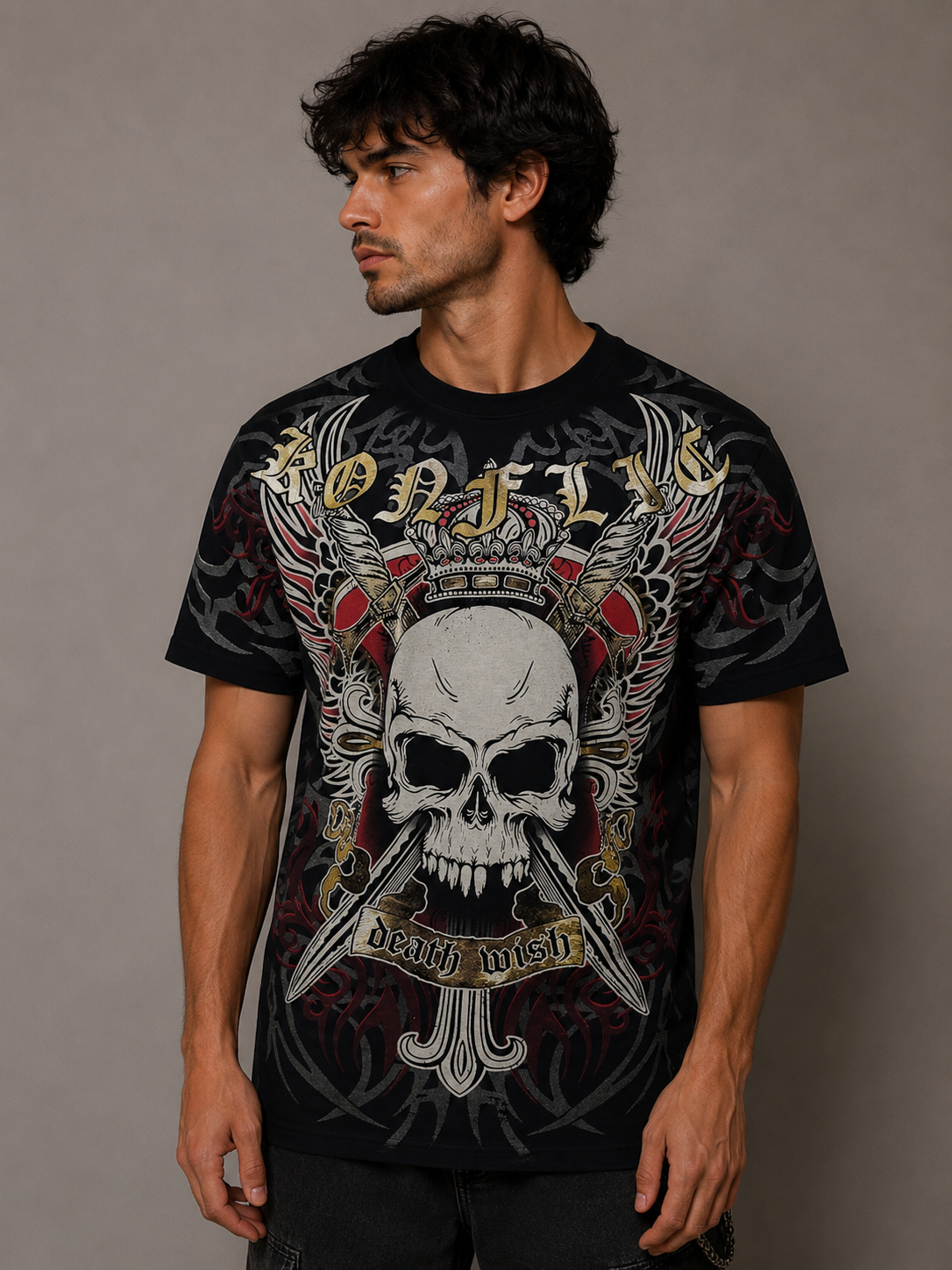 Konflic Skull of Death Wish Graphic T Shirt