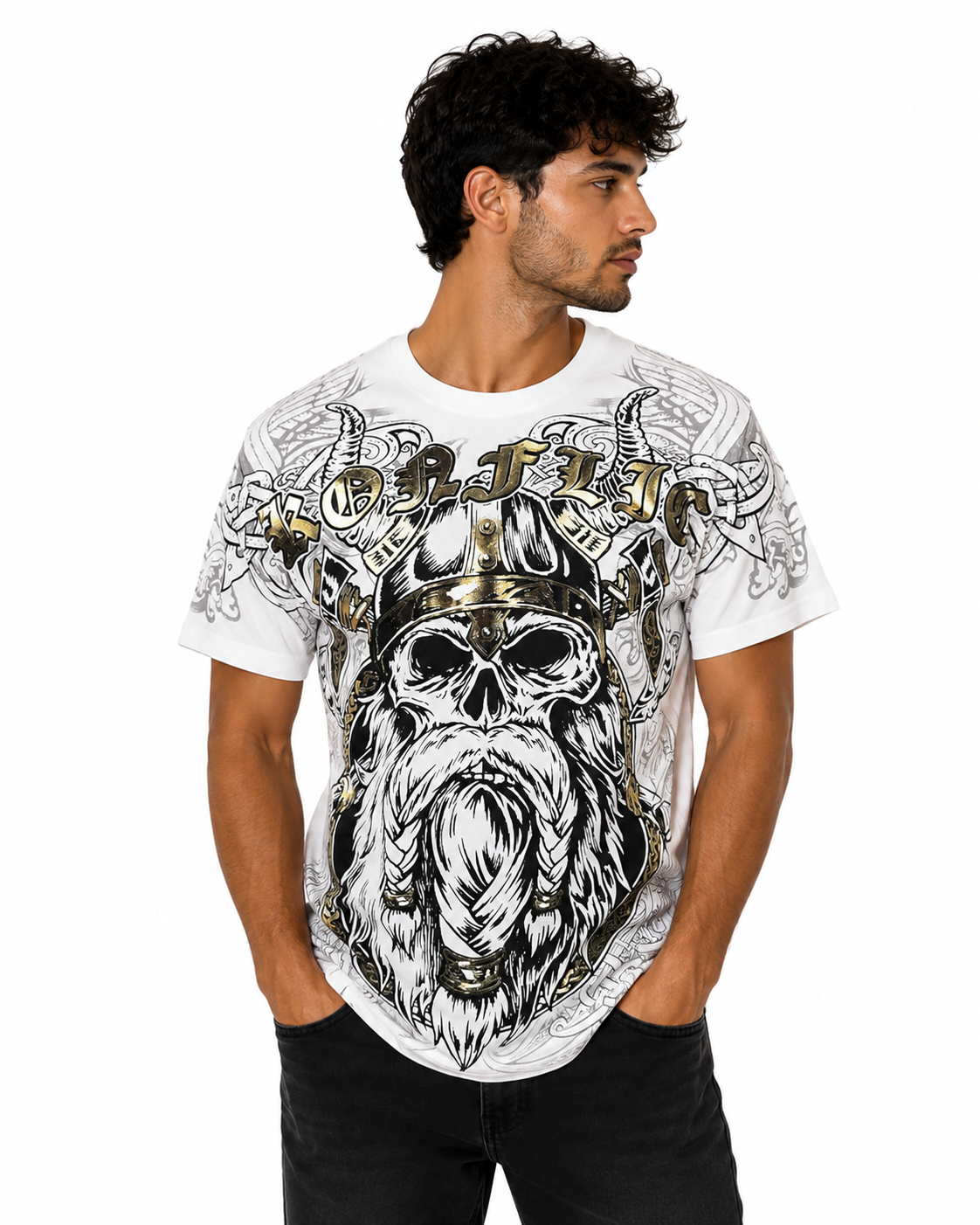 Konflic Vengeful Viking Warrior Spirit Skull Graphic All Over Print Men's T-Shirt "Gold Foil"