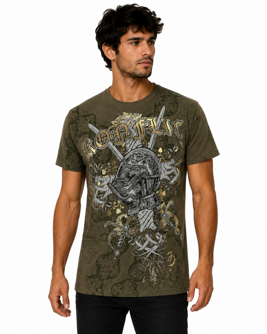 Konflic Gothic Knight Steel Armor & Swords Graphic All Over Print Men's T-Shirt "Gold Foil"