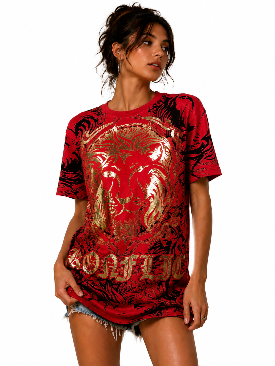 Konflic Men's Metallic Gold Lion King Graphic All Over Print T-Shirt "Gold Foil"