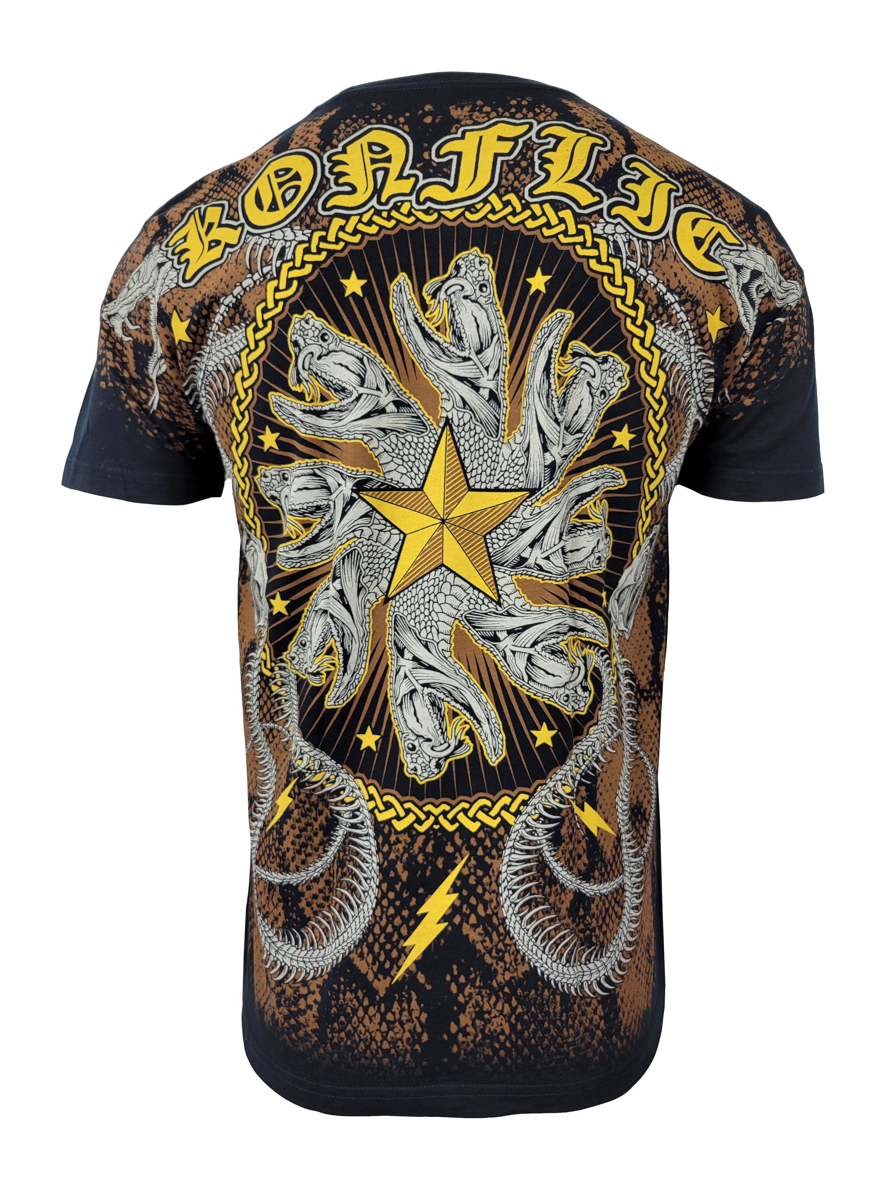 T-shirt with intricate design featuring a star and text on a white background