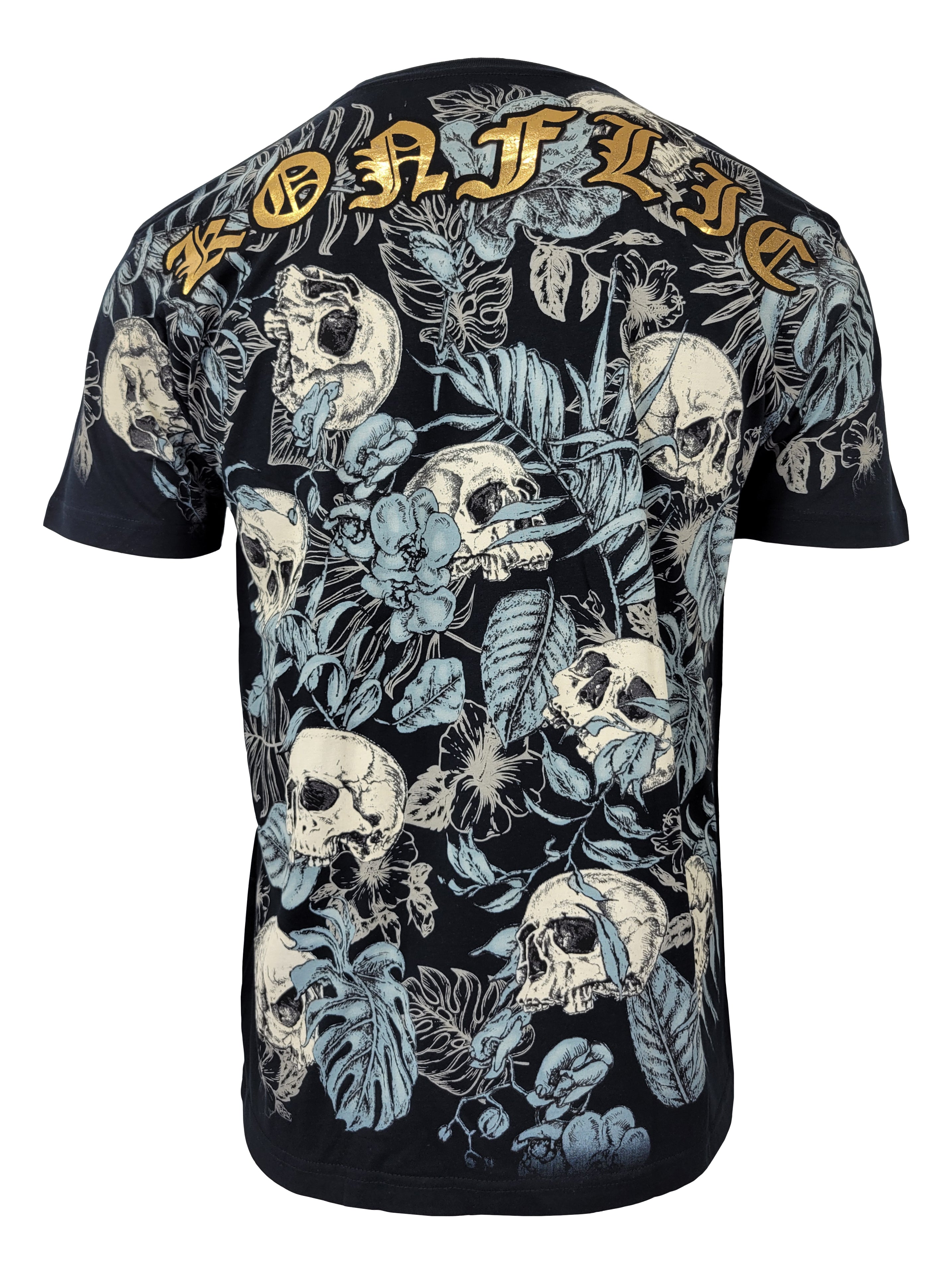 T-shirt with skull and floral pattern on a white background