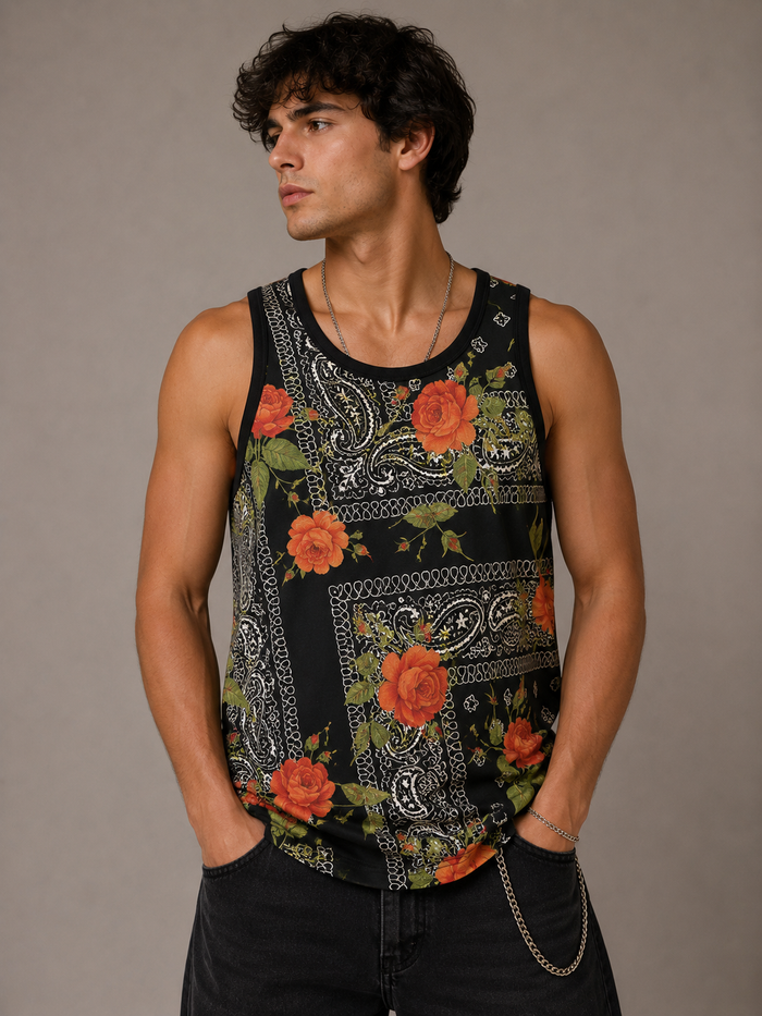 Konflic Floral with Bandana pattern Sublimation Graphic Mens Tank Tops