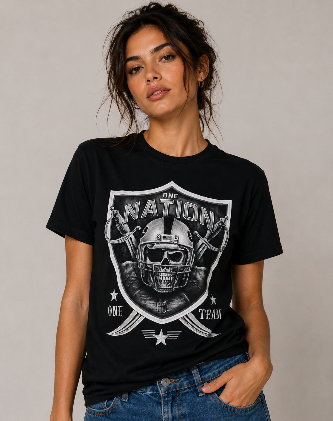 One Nation One Team Pirate Skeleton Football Fan art Graphic T Shirt