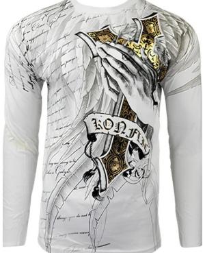 Konflic White long-sleeve shirt with black and gold graphic design on a white background