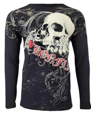 Konflic Long-sleeve shirt with skull and floral design on a black background