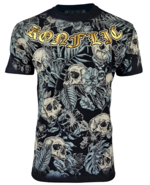 T-shirt with skull and floral pattern and 'Konflic' branding on a black background