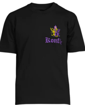 Black t-shirt with a logo and text on a white background