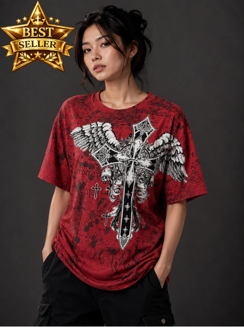 Konflic Men's Gothic Cross and Wings  Crew Neck MMA T-Shirt