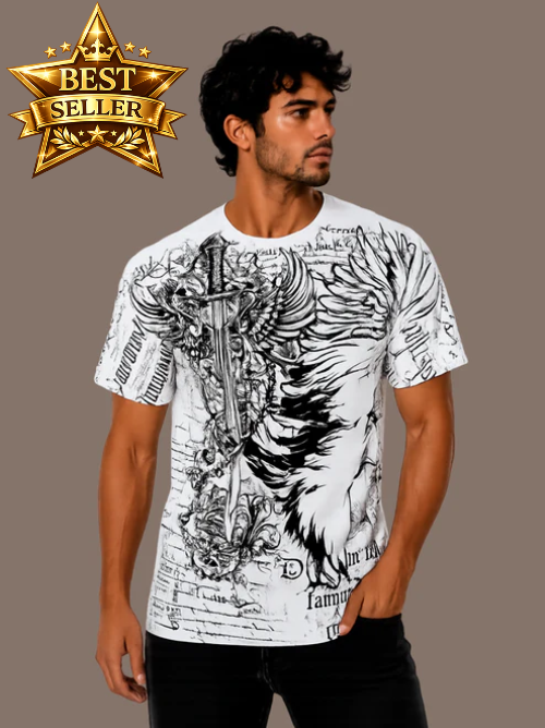 Konflic Eagle Shield & Tribal Sword with Chains Graphic All Over Print Men's T-Shirt